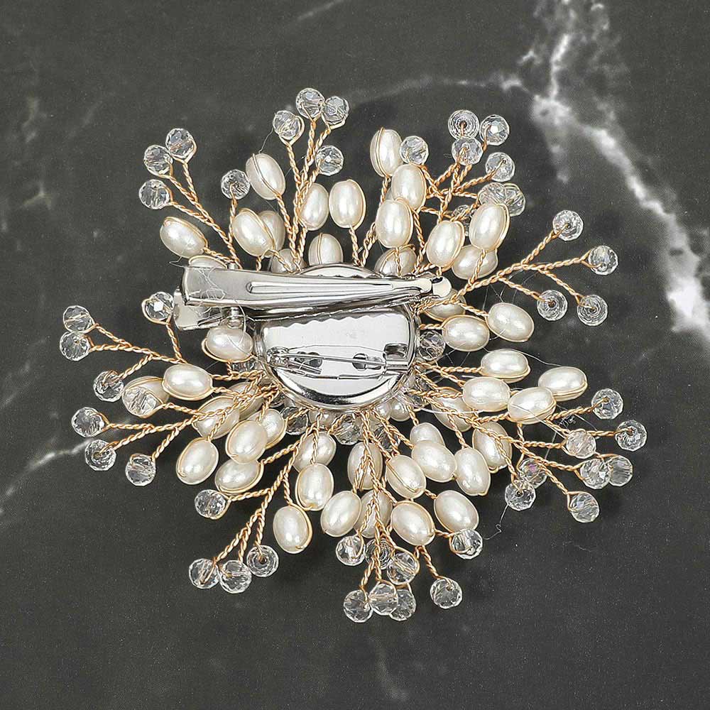 Pearl Faceted Bead Burst Floral Pin Brooch Alligator Snap Hair Clip