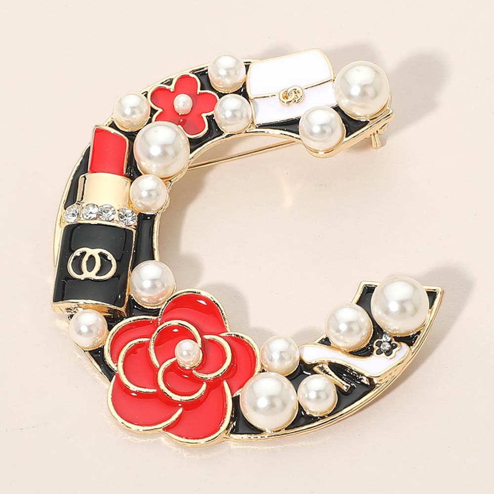 Pearl Lipstick Flower Embellished Letter C Pin Brooch