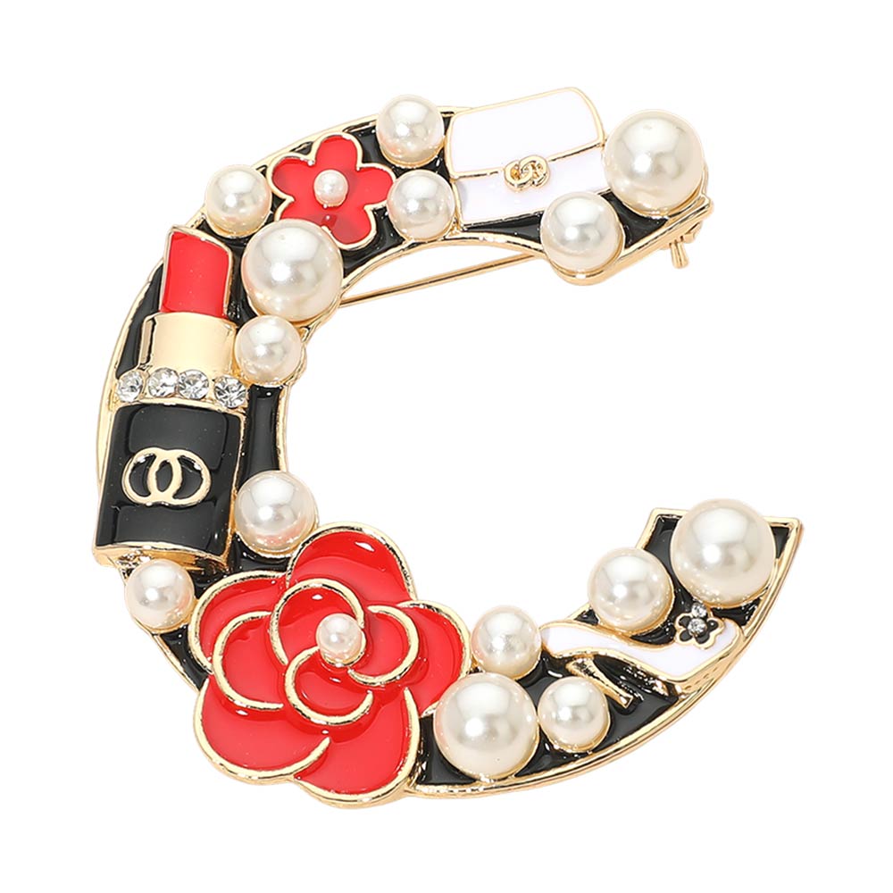 Pearl Lipstick Flower Embellished Letter C Pin Brooch