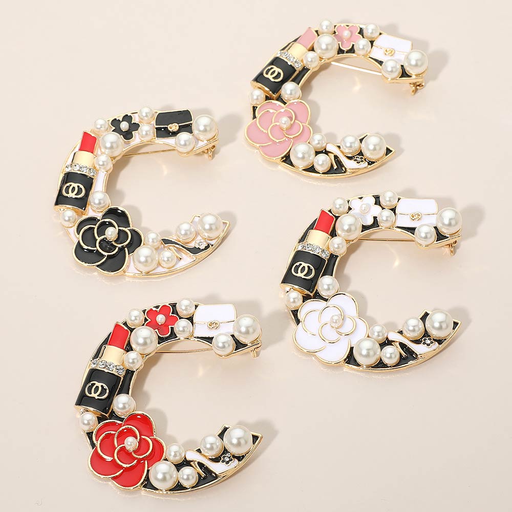 Pearl Lipstick Flower Embellished Letter C Pin Brooch