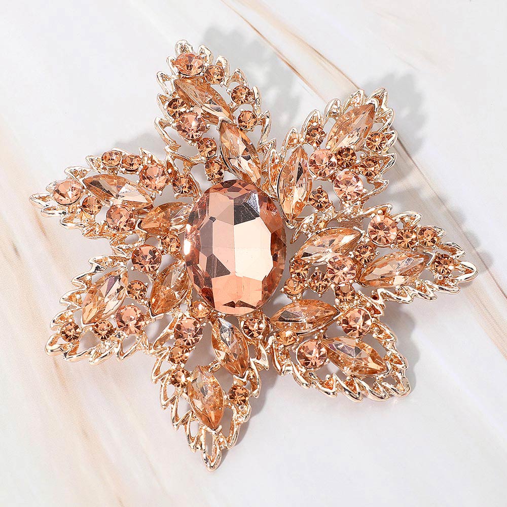 Oval Stone Center Rhinestone Studded Floral Statement Pin Brooch