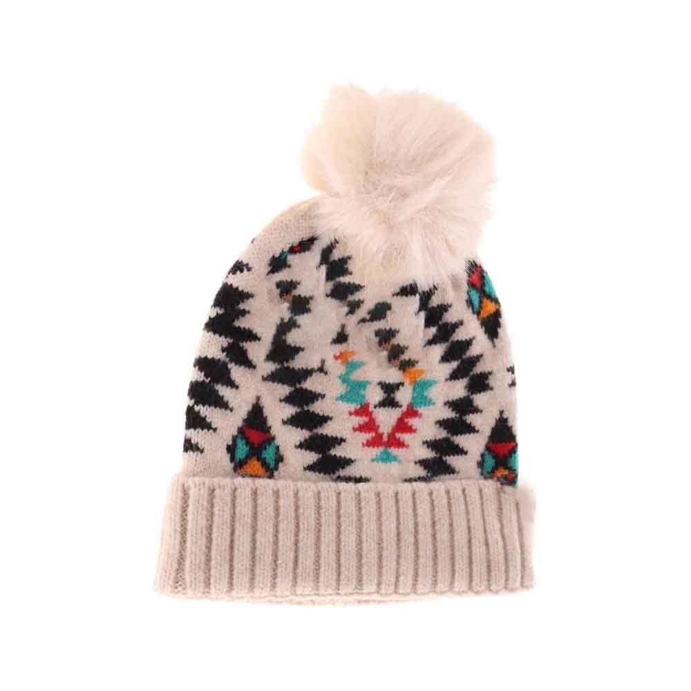 BABY Aztec Patterned Faux Fur Pom C.C Beanie