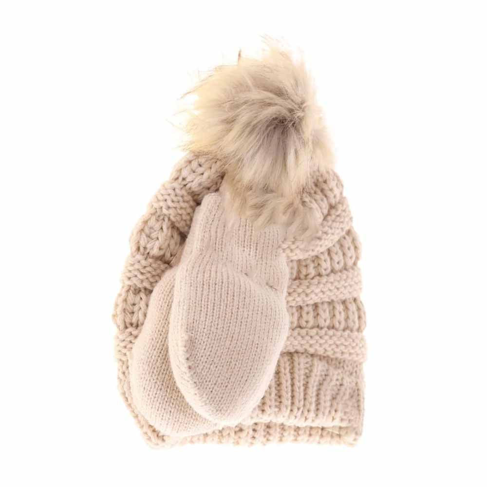 BABY Solid Knit Faux Fur Pom C.C Beanie with Mitten SET