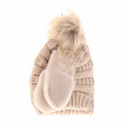BABY Solid Knit Faux Fur Pom C.C Beanie with Mitten SET