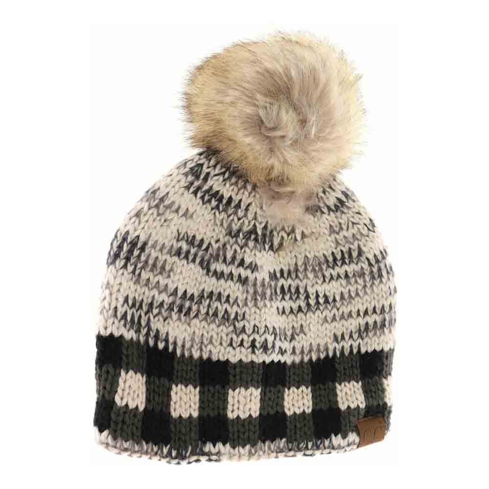 Buffalo Check Mixed Print Fur Pom C.C Beanie