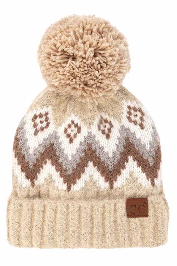 C.C Soft Aztec Pattern Beanie with Knit Pom
