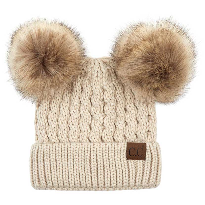 C.C Women's Double Pom All Over Cable Knit Beanie