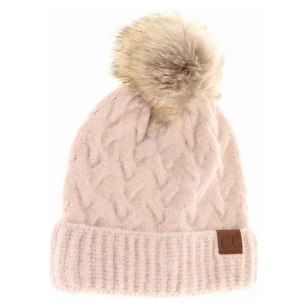 Chunky Braided Cable Knit Fur Pom C.C Beanie