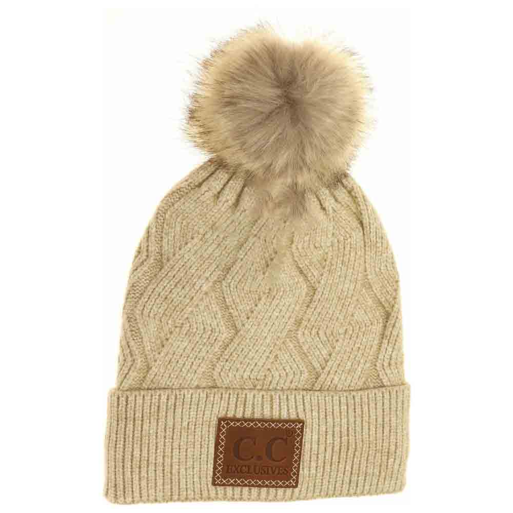 Geometric Knit Faux Fur Pom C.C Beanie