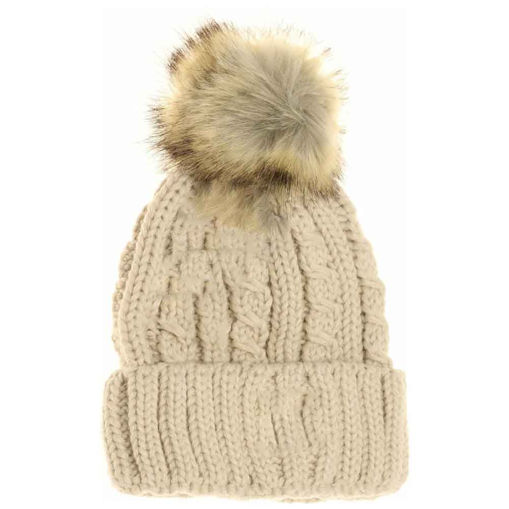 KIDS Cable Ribbed Fur Pom C.C Beanie