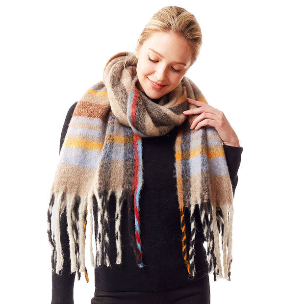 Plaid Check Patterned Soft Fuzzy Knit Oblong Scarf