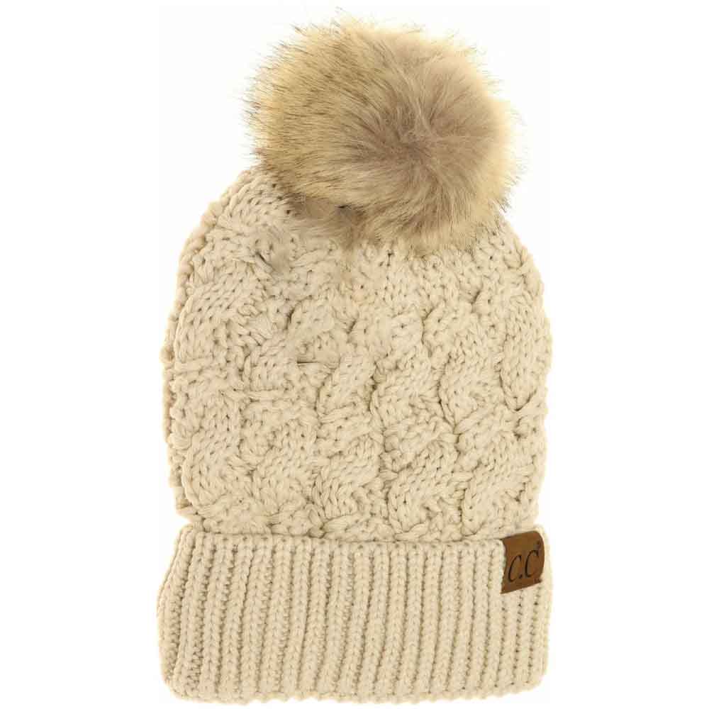 Ribbed Cable Knit Fur Pom C.C Beanie