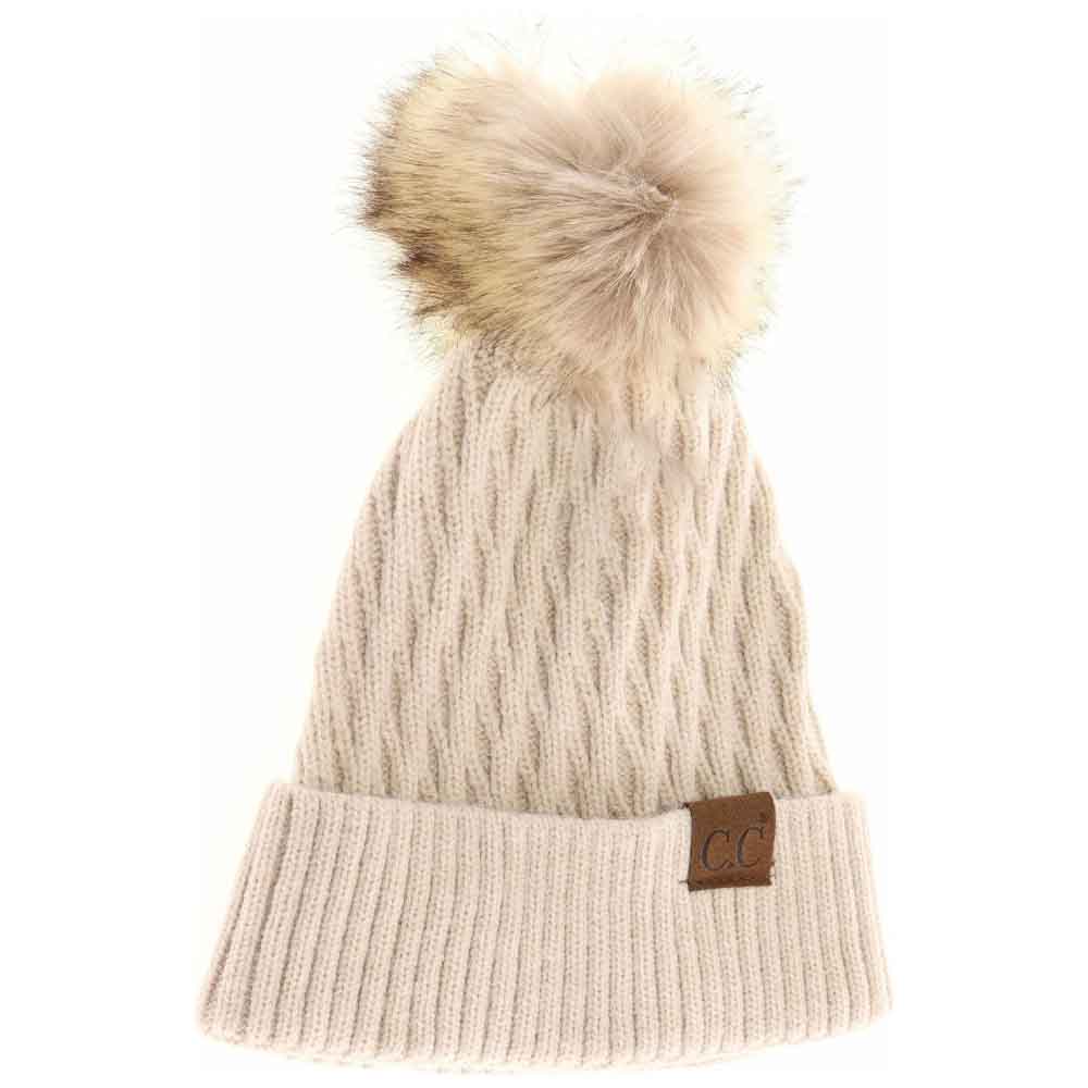 Solid Honey Comb Fur Pom C.C Beanie