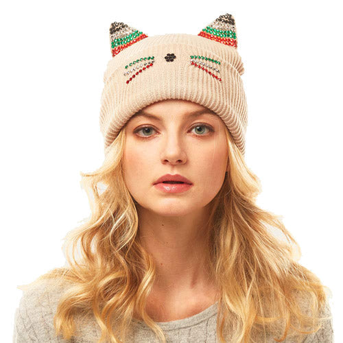 Crystal Embellished Cat Ear Beanie Hat