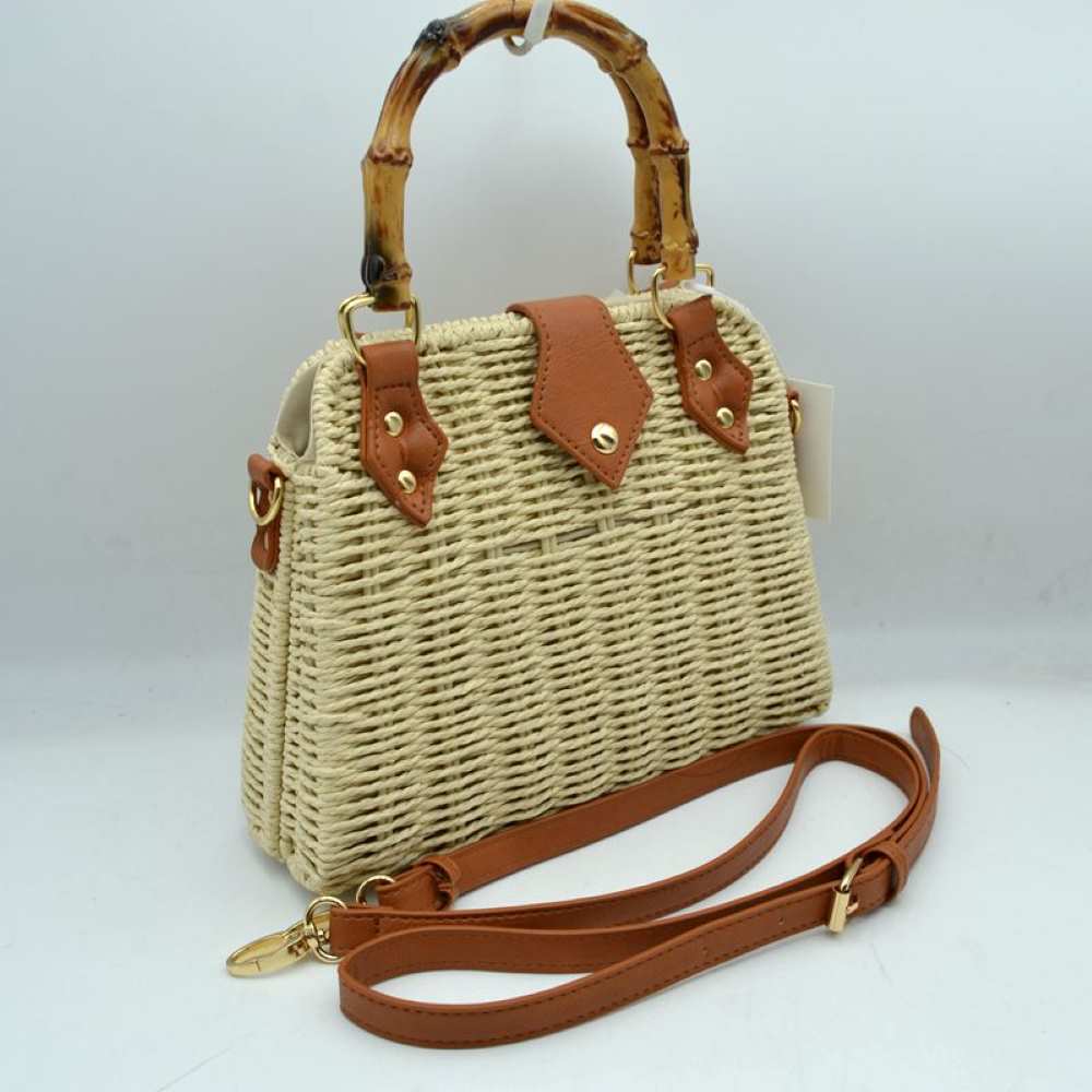 Woven Straw Satchel Bag with Bamboo Top Handle and Crossbody Strap