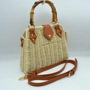 Woven Straw Satchel Bag with Bamboo Top Handle and Crossbody Strap