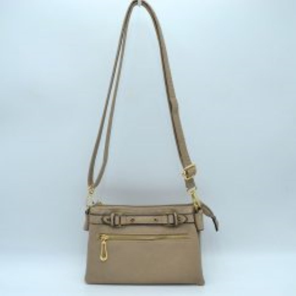 Multi-Zipper Crossbody Bag with Adjustable Strap and Gold Hardware