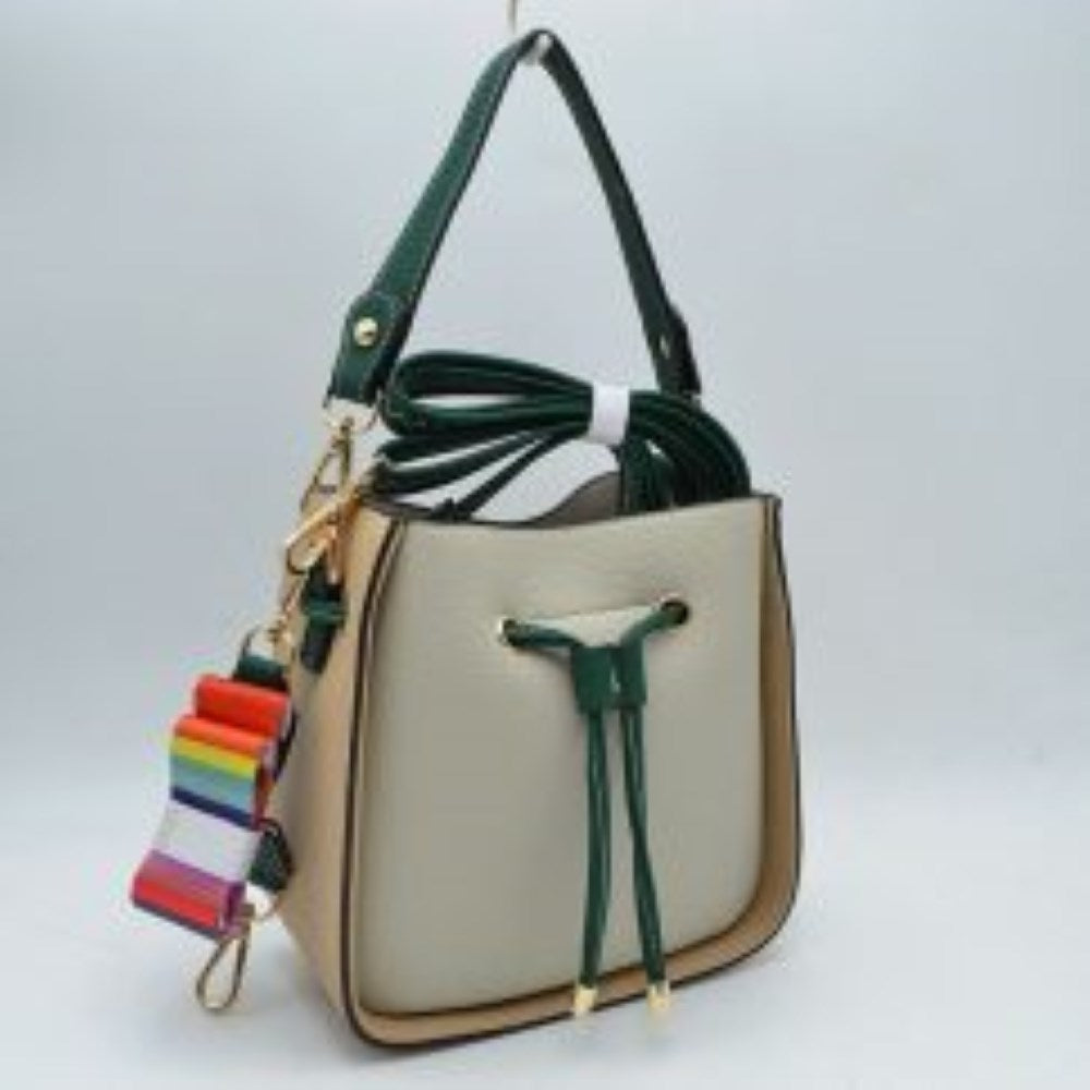 Color-Block Drawstring Bucket Bag with Multi-Strap Options