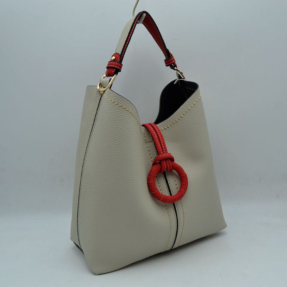 Pebbled Bucket Bag with Contrast Ring Accent and Top Handle
