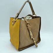 Studded Two-Tone Bucket Bag with Top Handle and Decorative Strap