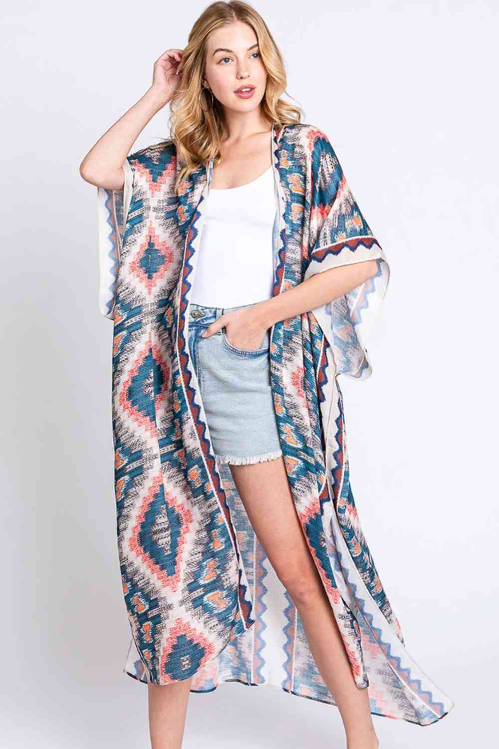 Aztec Print Open Front Long Kimono