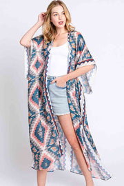 Aztec Print Open Front Long Kimono