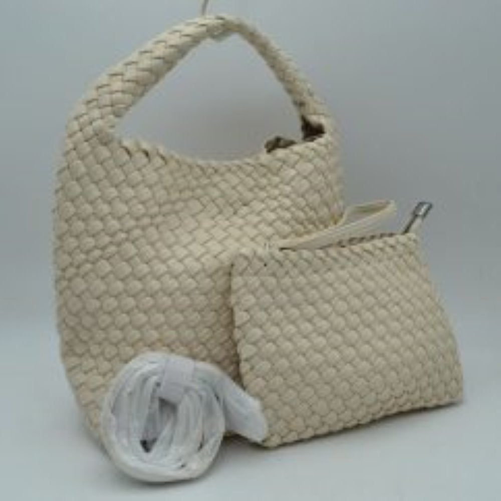 Woven Hobo Bag with Integrated Top Handle and Matching Pouch
