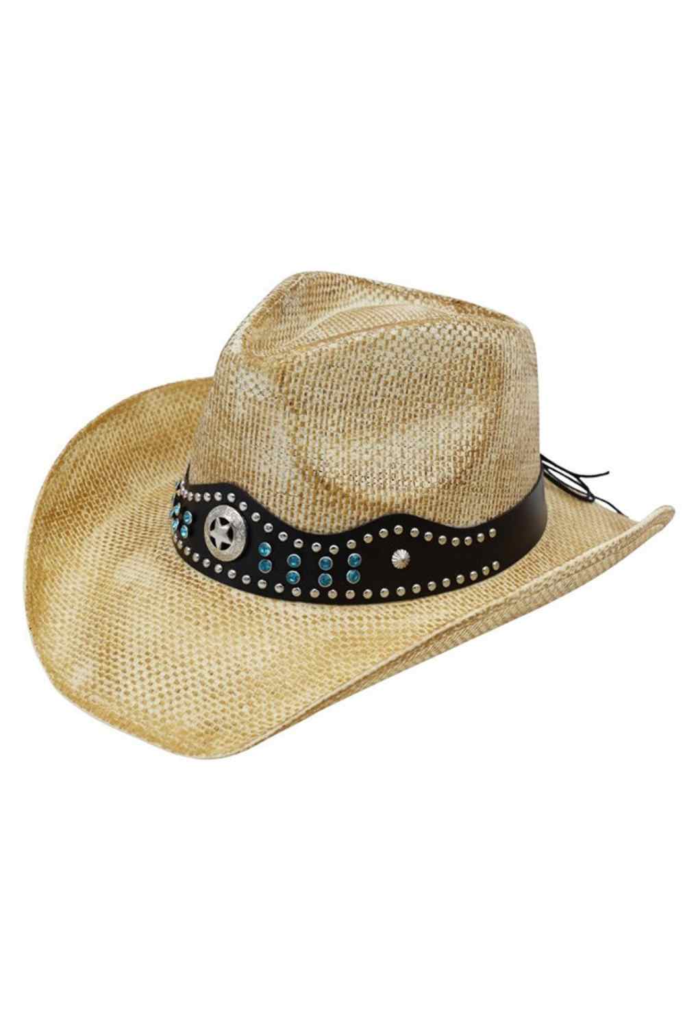 Bead and Studs Faux Leather Band Rustic Straw Cowboy Hat