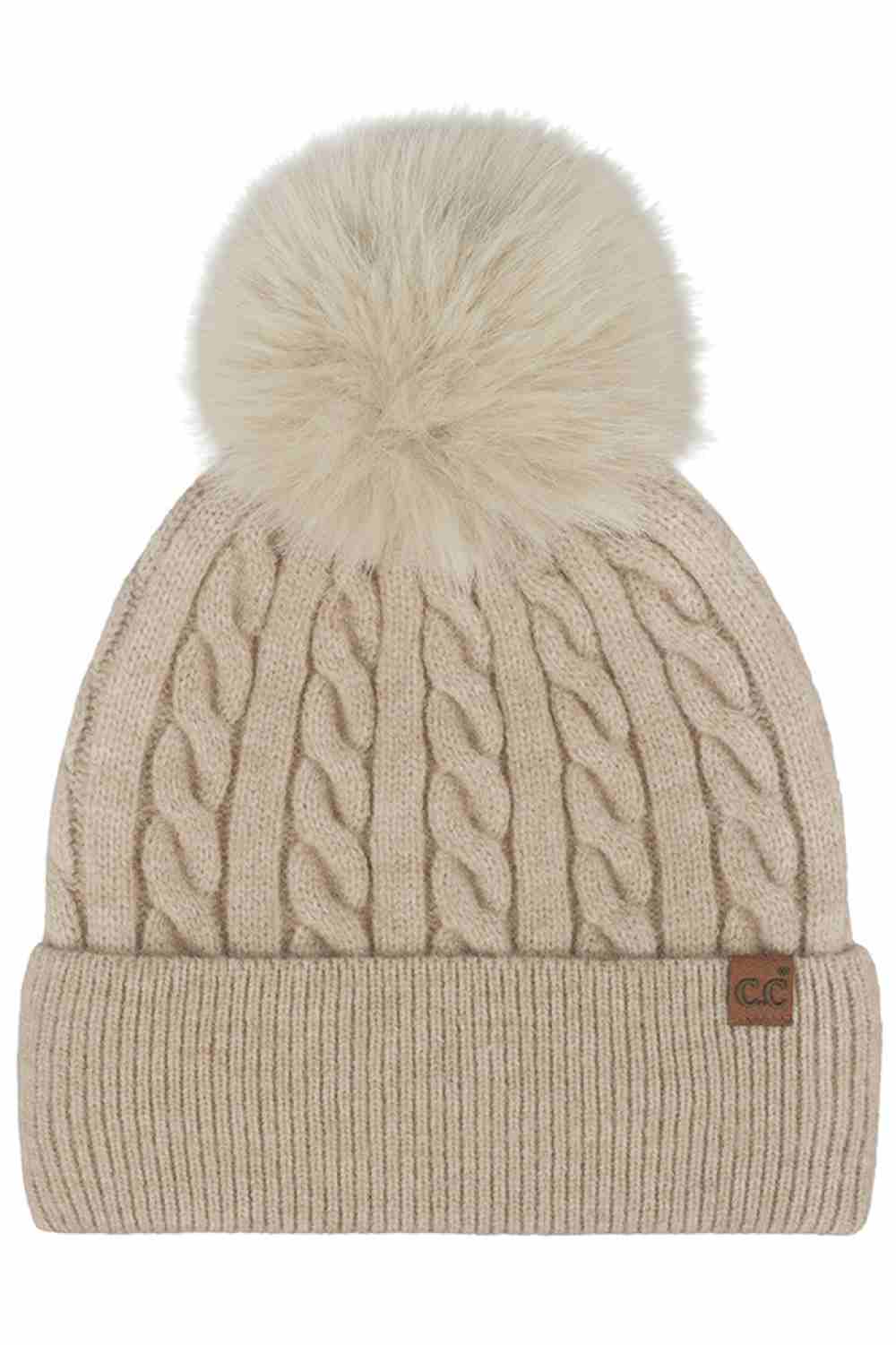 C.C Cable Knit Pattern Pom and Cuff Beanie Hat