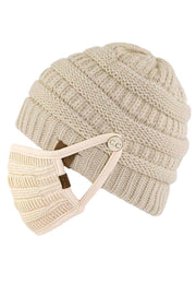 C.C Ribbed Knit Beanie With Mask Button