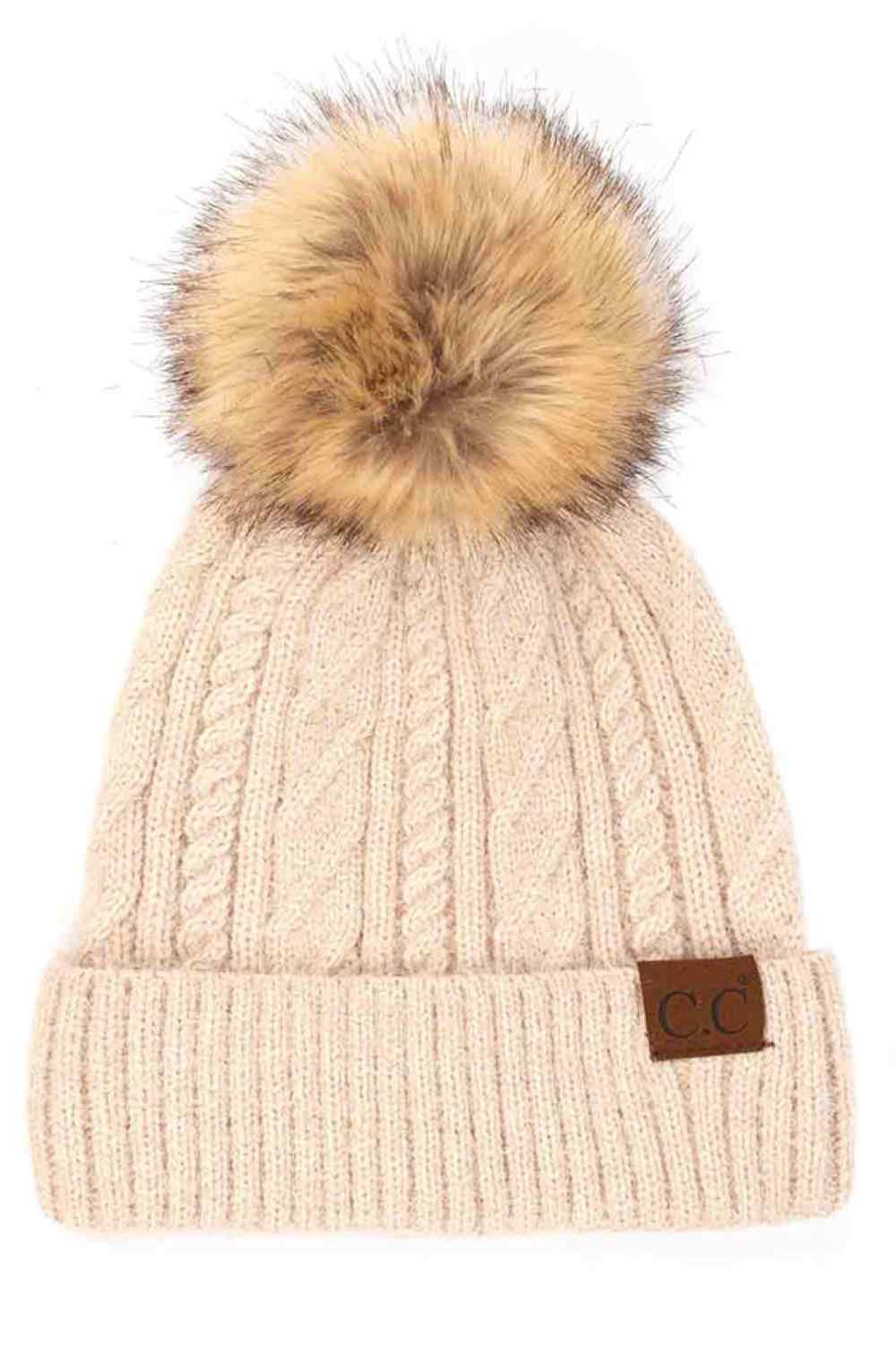 C.C Soft cuff Beanie in Mixed Cable Pattern with Faux Fur Pom