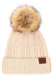C.C Soft cuff Beanie in Mixed Cable Pattern with Faux Fur Pom