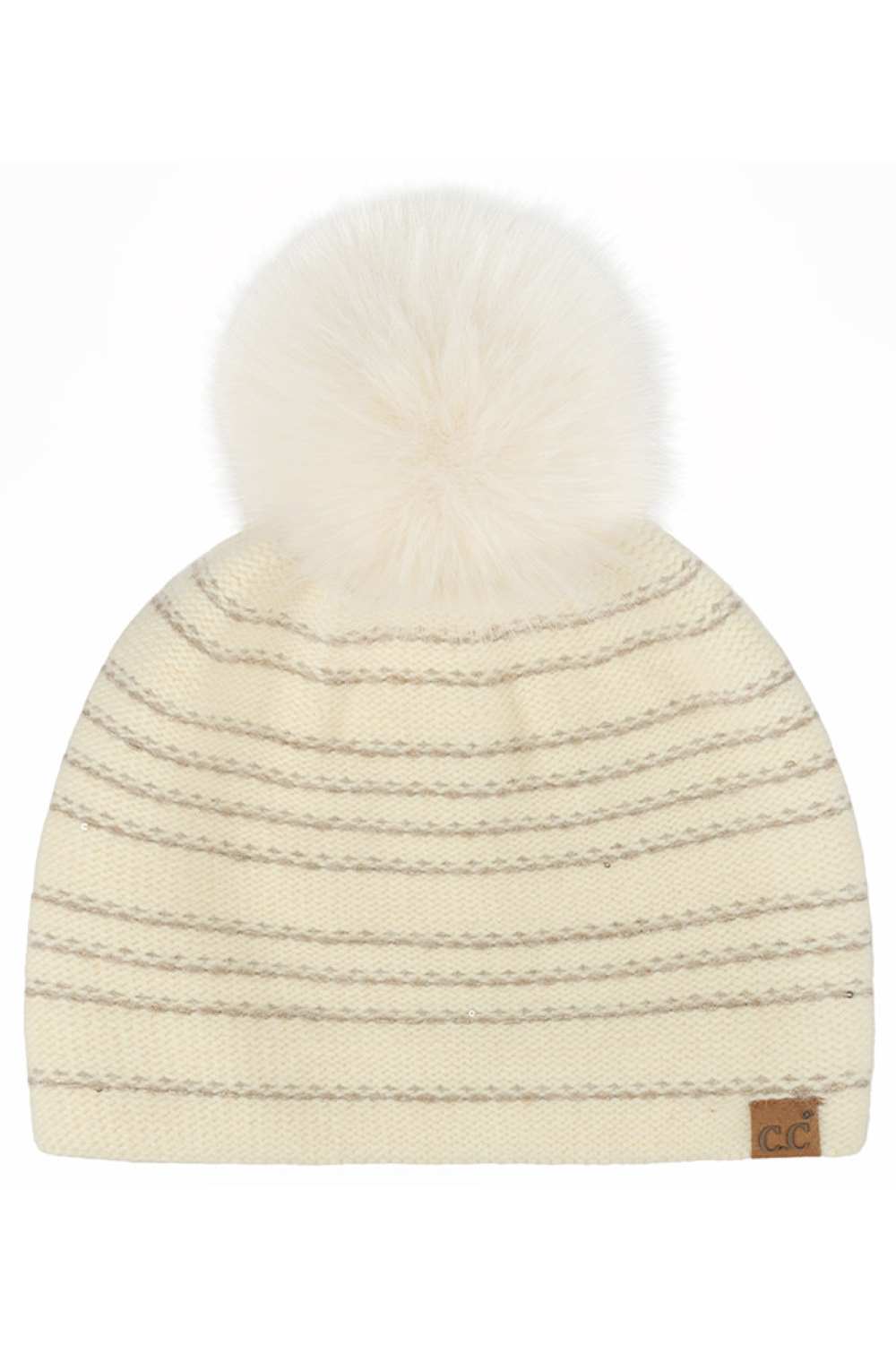 C.C Stripe Stitches with Sequin Angora Pom Beanie Winter Hat