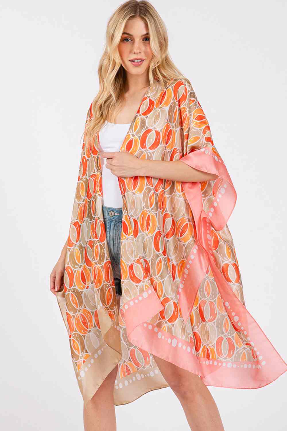 Two Tones Trim Abstract Pattern Silky Feel Kimono