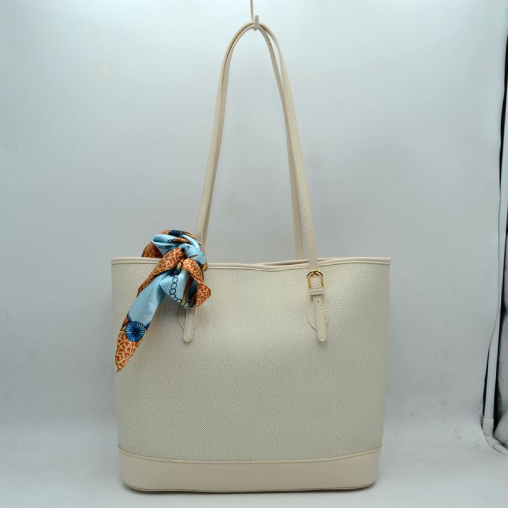 Elegant Textured Shoulder Tote Bag with Silk-Style Scarf Accent