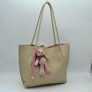 Pebbled Tote Bag with Dual Long Handles and Bear Charm Accent