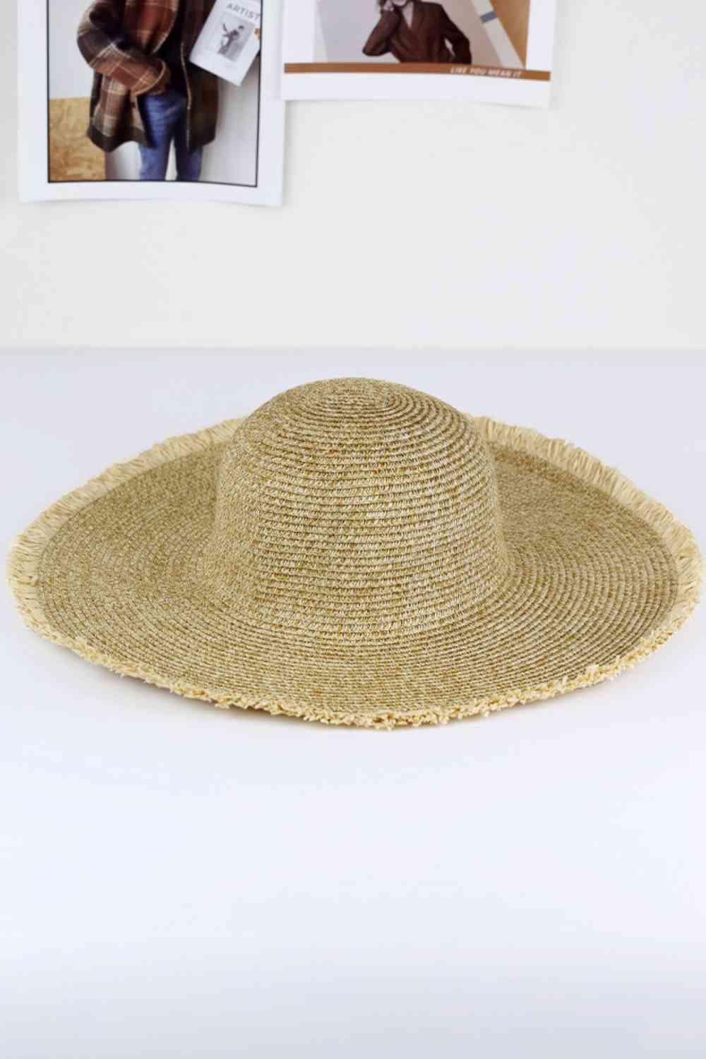 Frayed Two Tone Mixed Color Straw Floppy Hat