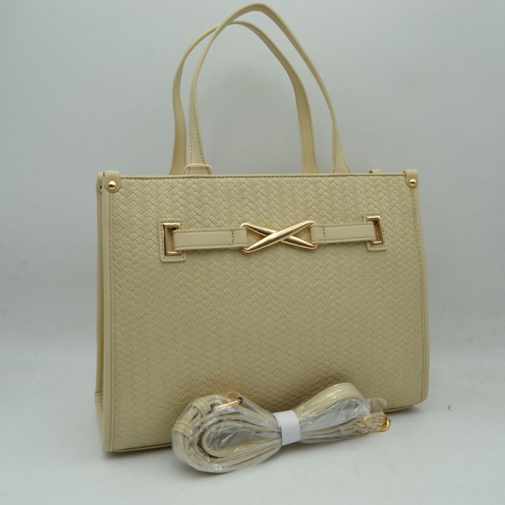 Woven Tote Bag with Decorative Gold Buckle and Crossbody Strap