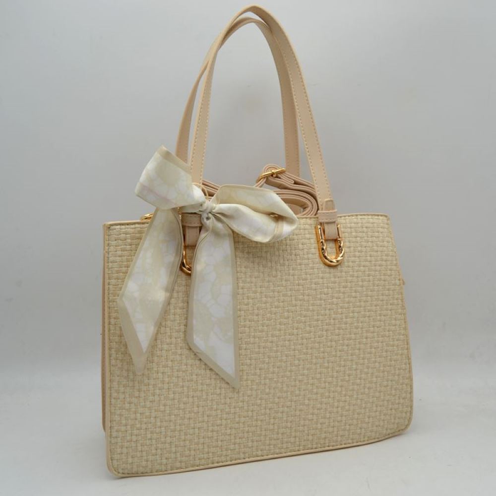 Woven Straw Satchel Bag with Detachable Shoulder Strap and Decorative Scarf Accent