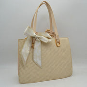Woven Straw Satchel Bag with Detachable Shoulder Strap and Decorative Scarf Accent