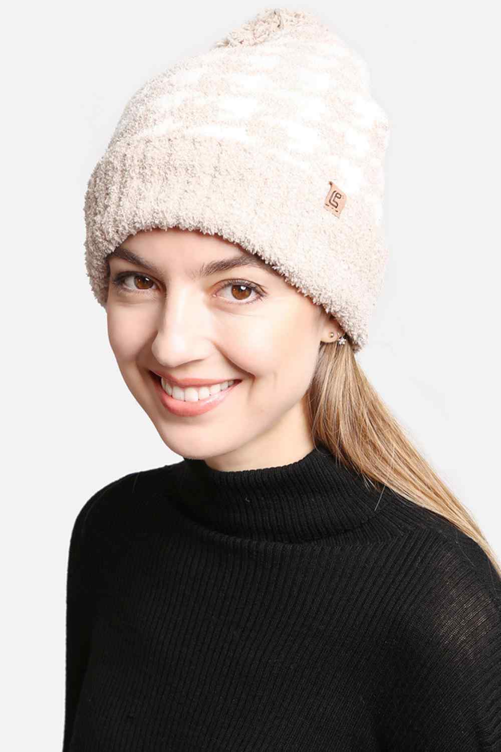 Houndstooth Pom Pom Beanie with Lining