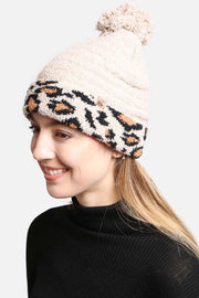 LEOPARD CUFFED POM POM LINING BEANIE