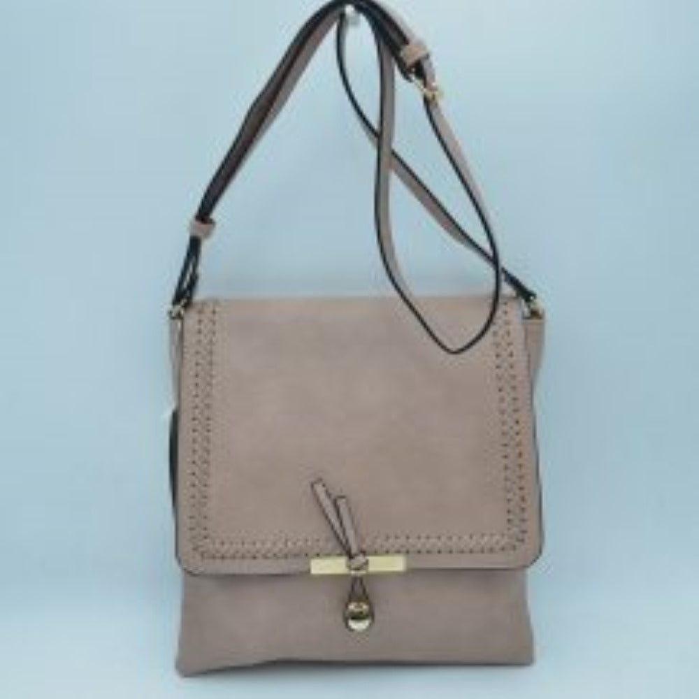 Braided Trim Flap Messenger Crossbody Bag with Metallic Bar T-Lock Closure