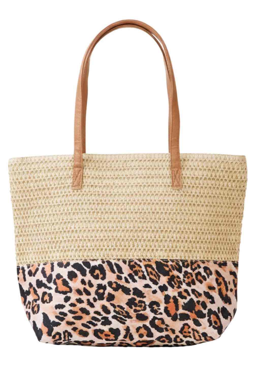 Leopard Pattern Fabric Print with Straw Tote Bag