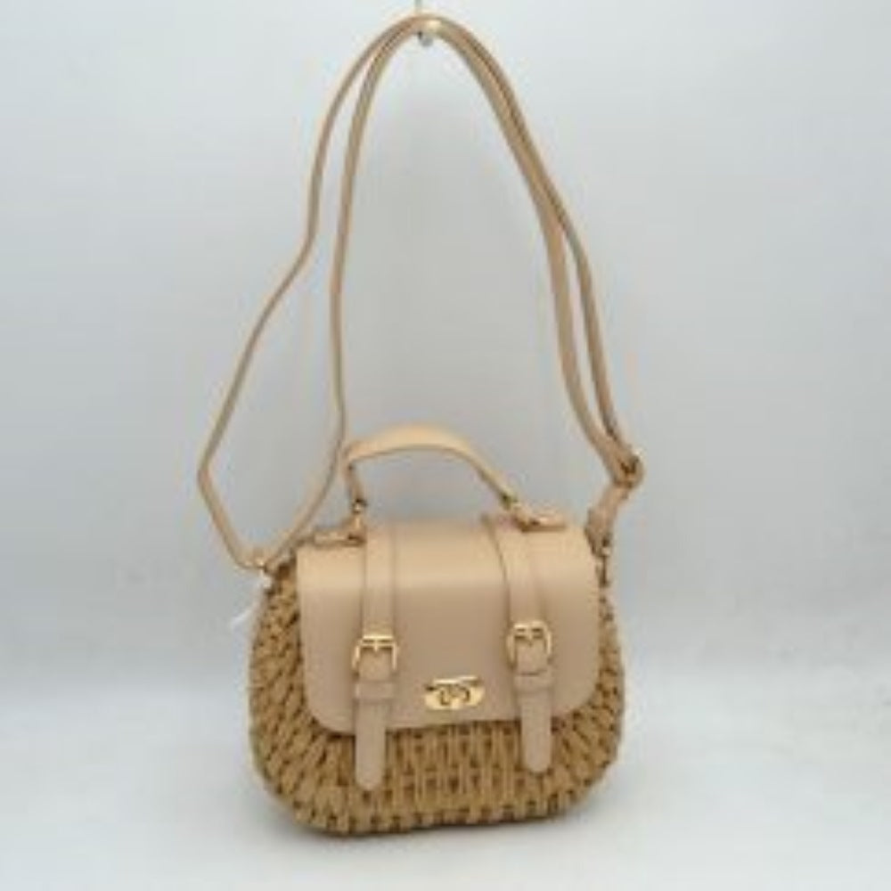 Woven Straw Satchel Bag with Faux Leather Flap and Double Buckle Accent