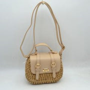 Woven Straw Satchel Bag with Faux Leather Flap and Double Buckle Accent