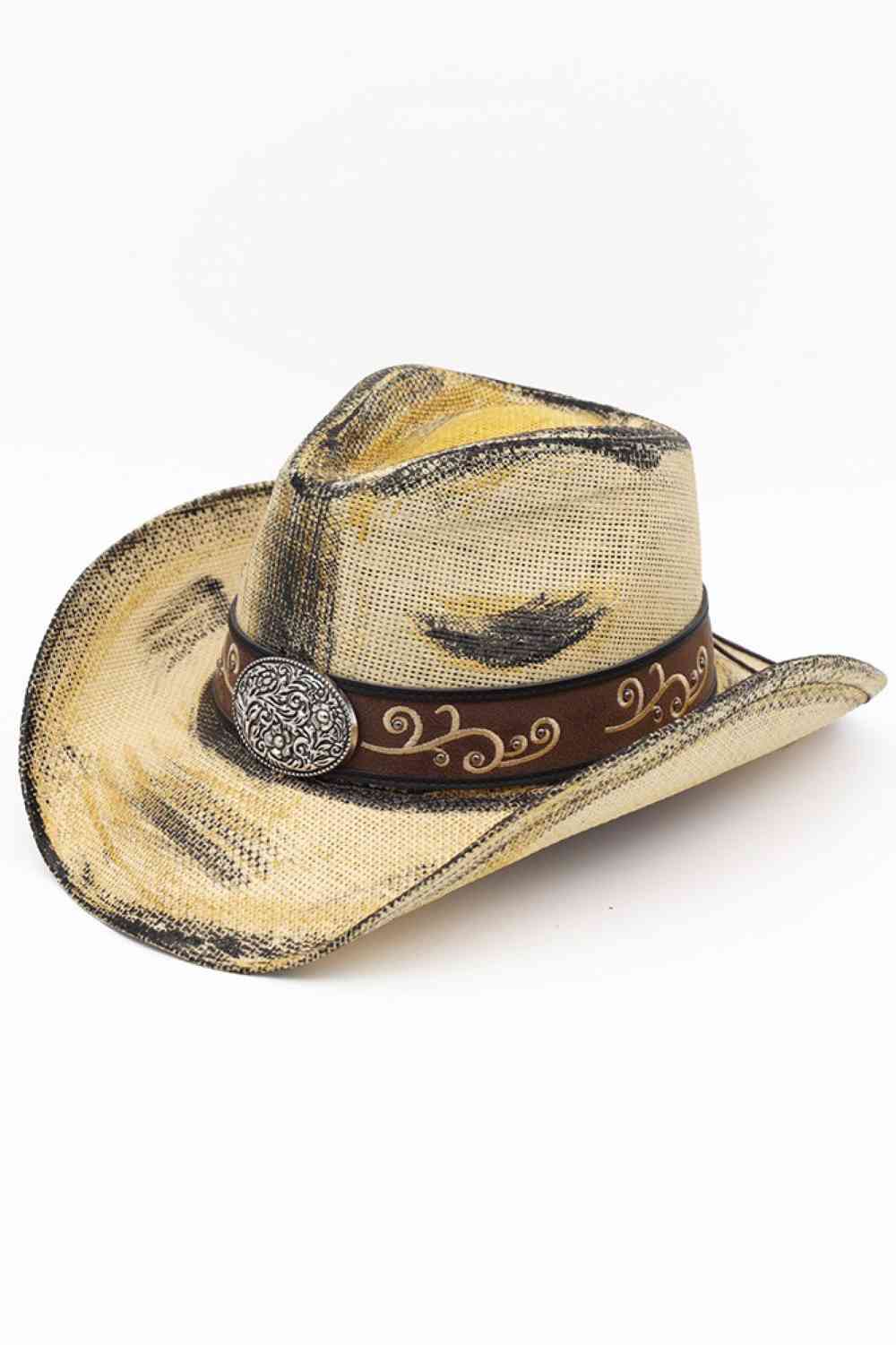 Ornate Oval Buckle Faux Leather Band Antique Wash Cowboy Hat