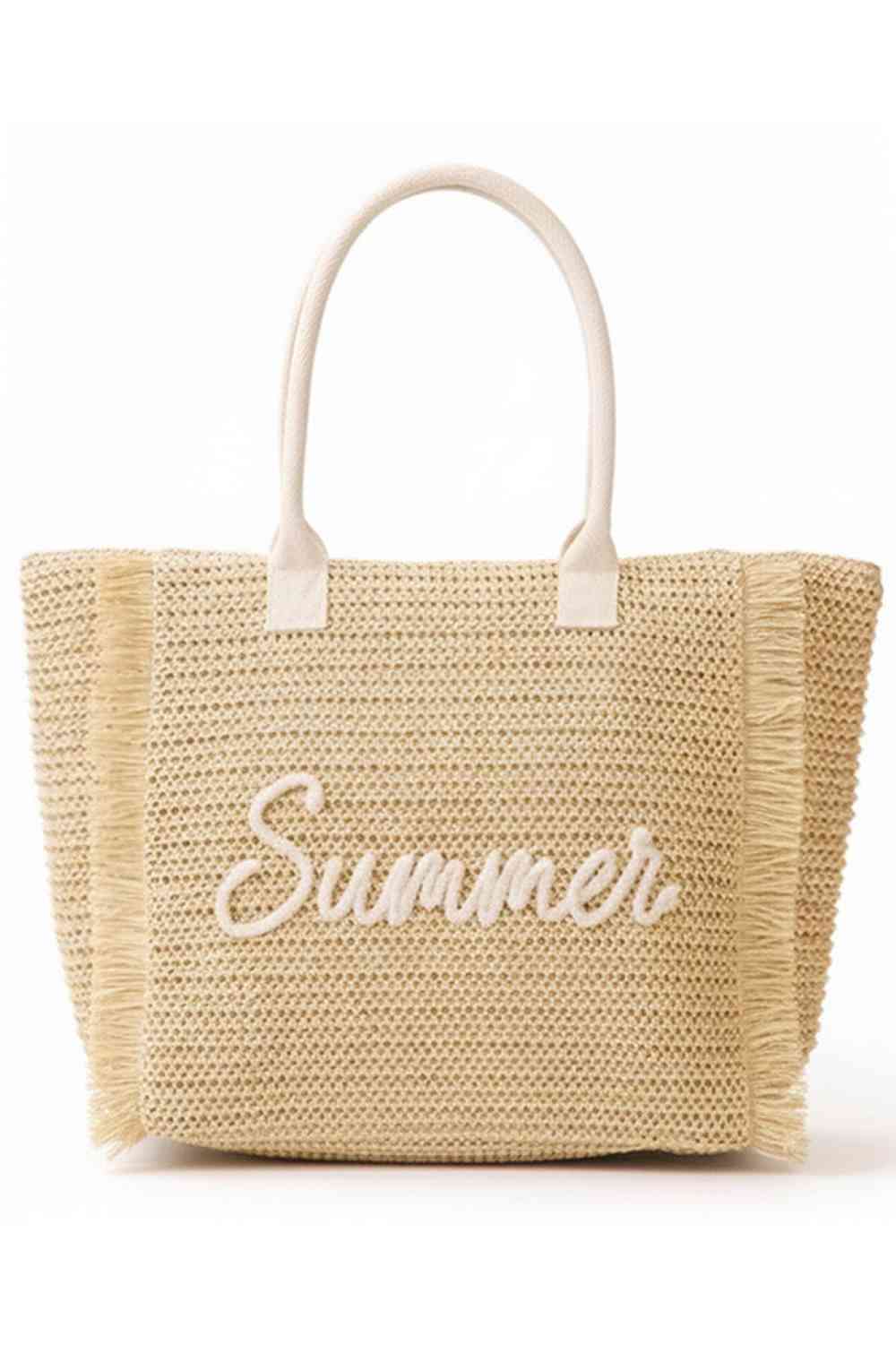 SUMMER Letter and Gold Lurex Woven Straw Fringe Tote Bag