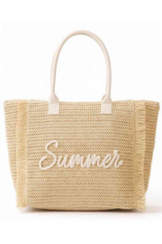 SUMMER Letter and Gold Lurex Woven Straw Fringe Tote Bag