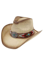 Turquoise Concho Beaded Band Vintage Western Straw CowboyHat